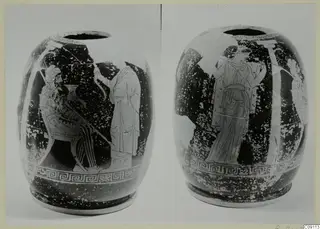 Two views of a wide-mouthed red-figured vessel with a seated bearded man and standing draped figures