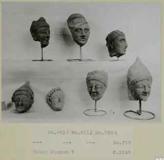 Seven small clay heads of human figures on a cloth-covered shelf, five on thin wire stands, in a photograph mounted on a card