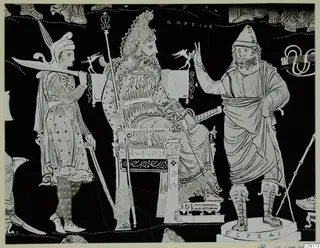 Drawing of a painted pottery scene: a bearded figure seated on a throne with a staff, and a figure with a sword at left.