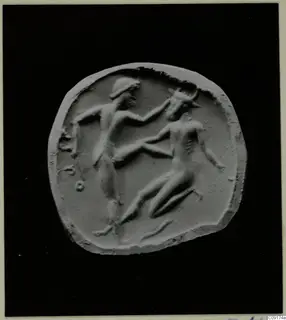 Glyptic: a pale relief of a headbanded figure in profile reaching toward a figure with a horned head