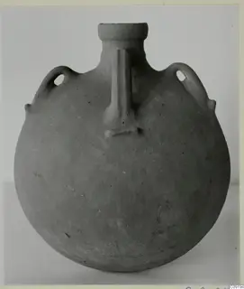Round-bodied vessel with a short neck, flat rim and two loop handles on the shoulders, photographed against a plain background.