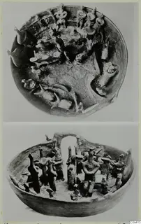 Terracotta bowl from Vounaous - Bellapais, seen from above and from the side, with small clay figures inside and on its rim