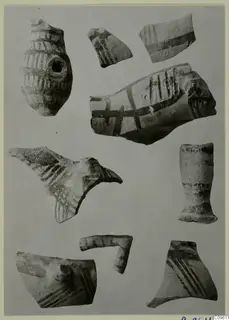 Lev. Hell. sherds: several painted pottery fragments, including a small jug with a pierced lug, laid out on a grey ground
