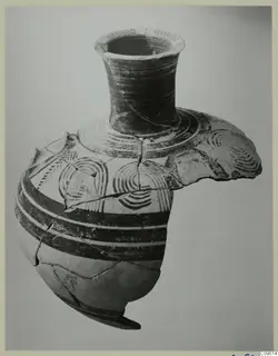 Reassembled painted pottery vessel with a flaring neck, dark bands and concentric circle designs