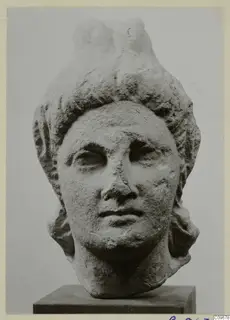 Carved stone head sculpture with elaborate hair and a raised crest, shown on a dark square base