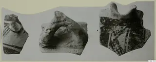 Three Levanto-Helladic pottery sherds with painted bands and projections, shown side by side on a card mount