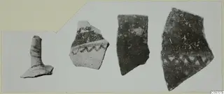 Lev. Hell. sherds: four pottery fragments with painted bands, zigzag and triangle patterns