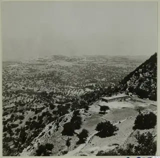 Wide view over a lowland valley with scattered trees, seen from a hillside with a small stone building.