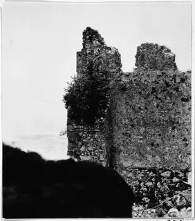 Ruined stone walls with a shrub growing on them, with a hazy distant view, in the Kyrenia Mountains