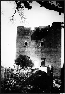 Square stone tower with battlements and arched windows, with a small tree and rubble wall in front