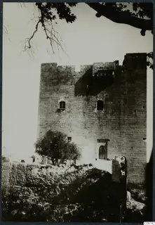 Tall square stone tower with a crenellated top, small windows and an arched doorway, with a tree in front and rubble below.