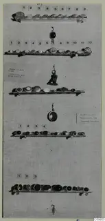 Rings and pendants from the Cyprus Museum, arranged in five rows on bars with numbered paper labels above them