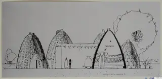 Ink drawing of domed huts in a row, with a cross-section of hut A at centre-right