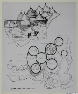 Plan and elevation drawing of the huts of a Matakam farm, round huts with conical roofs above a ground plan