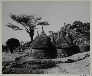 Matakam village of conical thatched huts with stone bases, a tree and a rocky hill behind