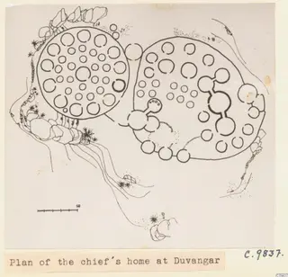 Plan drawing of the chief's home at Duvangar, showing two joined round enclosures with a scale bar