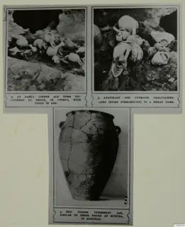 Card mount with three photographs: small vessels lying in a rock tomb, and a tall cracked jar on a plain backdrop