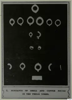 Printed plate of pendants, ring-shaped and crescent-shaped, arranged in rows against a black background