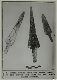 Three metal knives with tapering blades and tangs, shown beside a chequered scale bar.