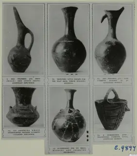 Mounted page of photographs of pottery vessels, including jugs, an amphora and a bowl, each with a printed caption