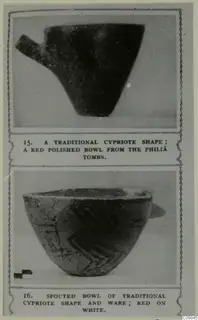 Mounted page with two photographs of pottery bowls: a dark polished spouted bowl and a bowl with dark zigzag bands