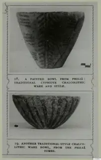 Two photographs on a printed card of pottery bowls: a tall bowl with dark painted bands and a deep bowl with radiating stripes.