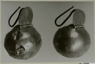 Two gold-coloured earrings with round hollow bodies, hooked wires and leaf-shaped pendants.