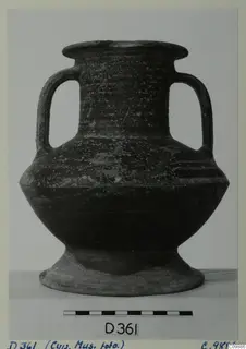 Two-handled jar with a flared rim and pedestal foot, seen from the side