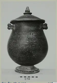Lidded vessel with a globular body, two loop handles and a footed base, shown against a plain light background