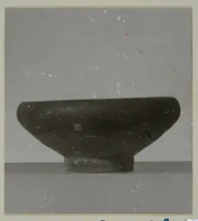 Side view of a bowl with a wide, shallow body and a short foot ring, on a plain grey background