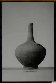Single pottery vessel with a tall narrow neck and rounded body, shown with a measuring scale bar.