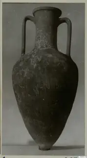 Two-handled jar with a flared rim, narrow neck and tapering body.