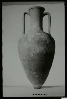 Large two-handled storage jar with a narrow neck and pointed base, photographed against a plain background.