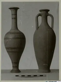 Two vessels side by side with a scale bar in front: a tall narrow-necked bottle with painted bands and a two-handled jar