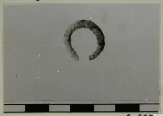 Corroded ring, open at the lower end, photographed on a grey background above a scale bar