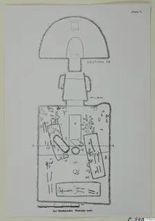 Plan of the tomb at Ayii Omoloyitades with a section AB and numbered finds