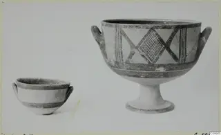 Two White Painted II vessels: a small bowl and a footed bowl with painted diamond and diagonal panels, shown side by side.