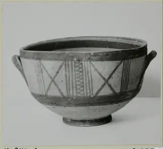 White Painted III-1 bowl with two loop handles and painted bands and patterns on the body