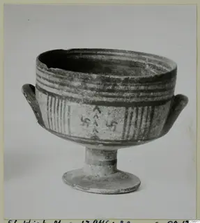 Footed bowl with two small handles, painted with dark bands, vertical stripes and hooked cross motifs