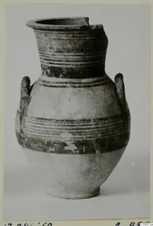 Amphoriskos, a pottery vessel with two handles, a broken rim and horizontal dark bands