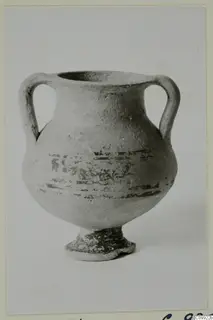 Small two-handled vessel with a ring foot and dark painted bands and strokes on the body