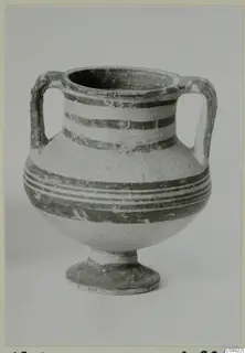 Amphoriskos, a small two-handled jar with a footed base and dark painted bands