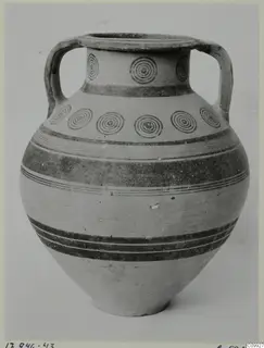Two-handled jar with concentric circles and dark painted bands, Pottery White Painted IV