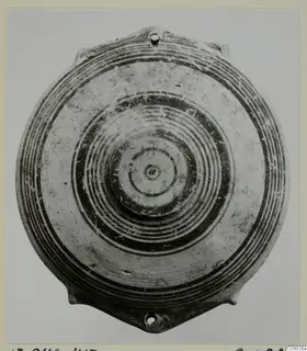 Shallow round bowl seen from above, with many concentric dark bands and a raised central boss
