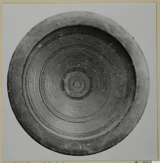 Shallow bowl seen from above, its interior marked with dark concentric bands around a small central ring