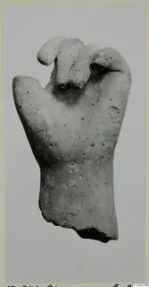 Fragment of a pale, pitted hand with curled fingers, wrist broken off, photographed on a mounted card