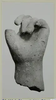 Fragment of a hand, fingers curled, broken off at the wrist, photographed on a card mount.