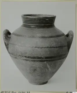 Two-handled pottery jar with dark painted bands and fine rings on the neck, photographed against a plain backdrop
