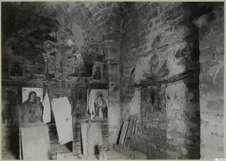 Interior of the Fokas chapel at the monastery at Dali, with painted icon panels and a brick vault
