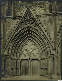 West doorway of Saint Nicholas cathedral, Famagusta, with a moulded pointed arch and wheel window above